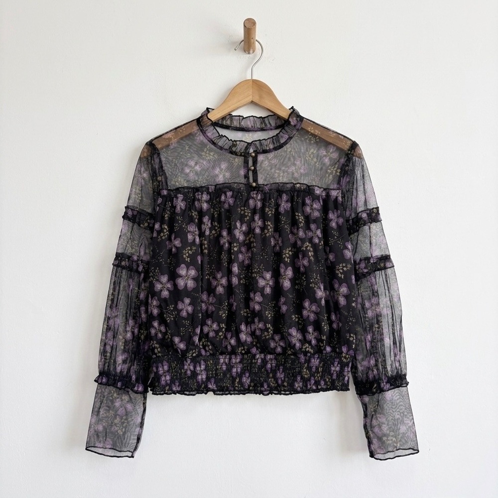 Calligraphie Sheer Mesh High Neck Floral Top XL Black Purple Boho Smocked Blouse